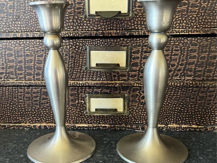 Pair of Modern 6" Brushed Nickel Candlesticks