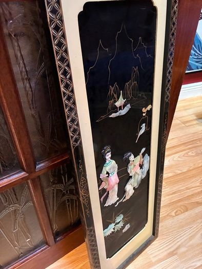 Vintage Chinese Black Lacquer Mother of Pearl Wall Panel