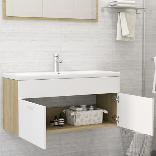 Sink Cabinet with Built-in Basin White and Sonoma Oak Chipboard