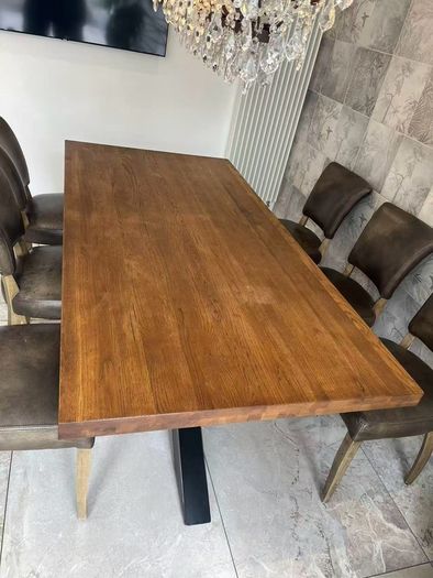 Dining table on the chair,  chandelier light