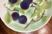 Print a la Main - St Clement France - 21 cm diameter colourful plate with Black Cherries and Green leaves
