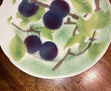Print a la Main - St Clement France - 21 cm diameter colourful plate with Black Cherries and Green leaves