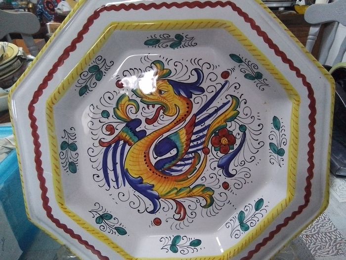 Vintage Italian Majolica Wall Plate Hexagonal Dragon Decor