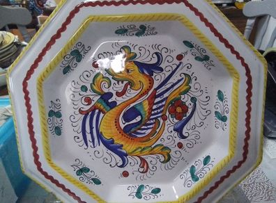 Vintage Italian Majolica Wall Plate Hexagonal Dragon Decor