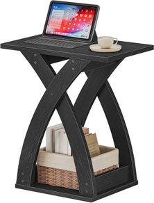 Narrow Side Table, Modern Slim Sofa Table with Open Storage, X-Design Narrow Bedside Table Nightstand for Living Room and Bedroom, Black
