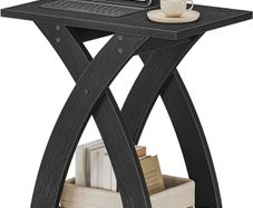 Narrow Side Table, Modern Slim Sofa Table with Open Storage, X-Design Narrow Bedside Table Nightstand for Living Room and Bedroom, Black