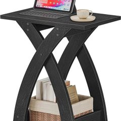 Narrow Side Table, Modern Slim Sofa Table with Open Storage, X-Design Narrow Bedside Table Nightstand for Living Room and Bedroom, Black