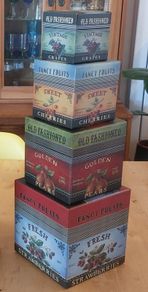 Fabulous Set of Four Graduated Stackable Nesting Storage Boxes by Quality Manufacturer Bob's Boxes/Lang Paper Co. with "Fancy Fruits" Artwork by Kimberly Poloson