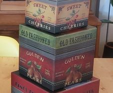 Fabulous Set of Four Graduated Stackable Nesting Storage Boxes by Quality Manufacturer Bob's Boxes/Lang Paper Co. with "Fancy Fruits" Artwork by Kimberly Poloson