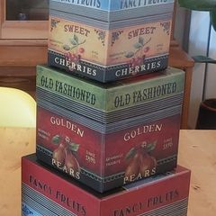 Fabulous Set of Four Graduated Stackable Nesting Storage Boxes by Quality Manufacturer Bob's Boxes/Lang Paper Co. with "Fancy Fruits" Artwork by Kimberly Poloson