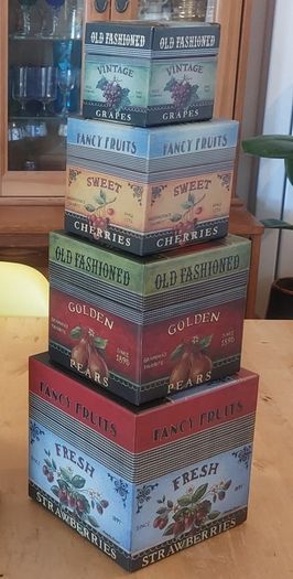 Fabulous Set of Four Graduated Stackable Nesting Storage Boxes by Quality Manufacturer Bob's Boxes/Lang Paper Co. with "Fancy Fruits" Artwork by Kimberly Poloson