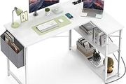 L Shaped Computer Desk with Power Outlet, 118CM Corner Office Desk for Small Spaces with Storage Shelves, Study Work Writing Table for Home Office Bedroom, Snow White
