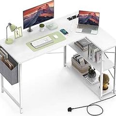 L Shaped Computer Desk with Power Outlet, 118CM Corner Office Desk for Small Spaces with Storage Shelves, Study Work Writing Table for Home Office Bedroom, Snow White