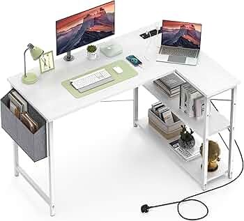 L Shaped Computer Desk with Power Outlet, 118CM Corner Office Desk for Small Spaces with Storage Shelves, Study Work Writing Table for Home Office Bedroom, Snow White