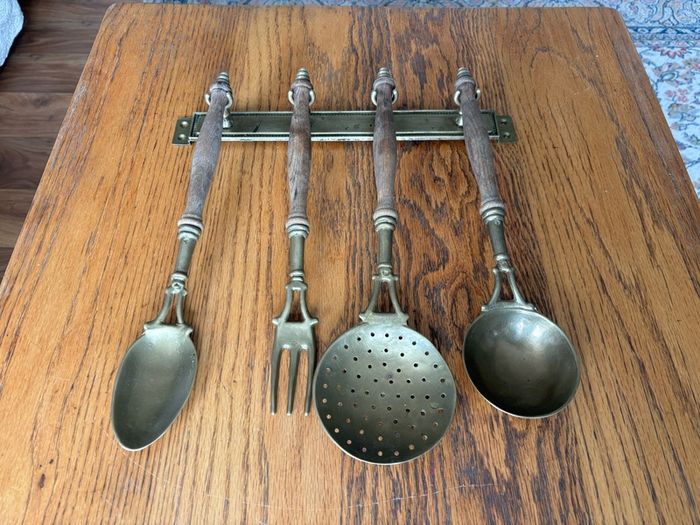 French vintage solid brass and wooden kitchen utensils