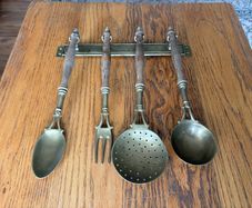 French vintage solid brass and wooden kitchen utensils