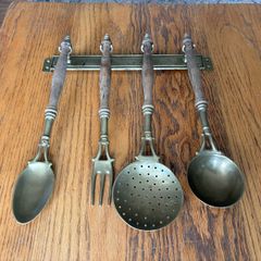 French vintage solid brass and wooden kitchen utensils