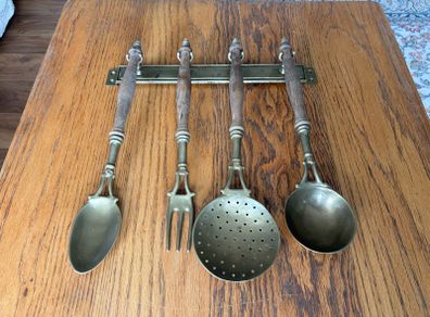 French vintage solid brass and wooden kitchen utensils