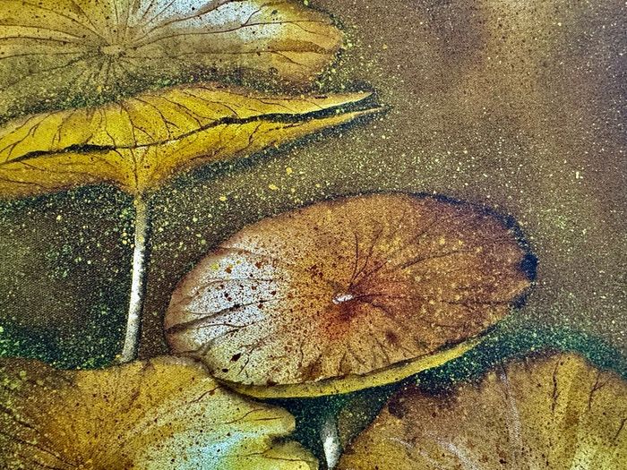 Vintage textured lotus painting in warm golden tones 95times 78cm