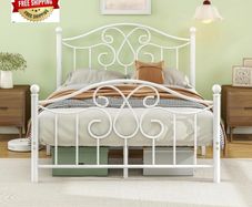 4ft6 Double Bed Frame with Headboard and Footboard Metal Bed Frame Double Mattress Foundation No Box Spring Needed/Easy Assembly/Bedstead Base/White