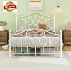 4ft6 Double Bed Frame with Headboard and Footboard Metal Bed Frame Double Mattress Foundation No Box Spring Needed/Easy Assembly/Bedstead Base/White