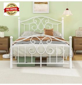 4ft6 Double Bed Frame with Headboard and Footboard Metal Bed Frame Double Mattress Foundation No Box Spring Needed/Easy Assembly/Bedstead Base/White