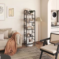 Bookshelf, Bookcase, 5-Tier Storage Shelf, Metal Shelving Unit, 8Pcs S Hooks, Modern Style, 36 x 27 x 146 cm, Corner Shelf, Display Units for Living Room, Bedroom, Office, Black