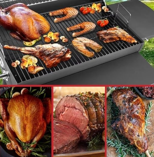 BBQ Grill Smoker With Side Shelves, Barbecue Garden Grill with Temperature Gauge, Outdoor Oil Drum Camping Barbeque Charcoal BBQ Barrel