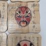 Vintage Chinese Opera Mask Bamboo Coasters Set of 6 with matching wood holder Image 3