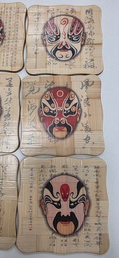 Vintage Chinese Opera Mask Bamboo Coasters Set of 6 with matching wood holder