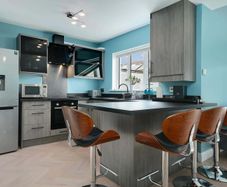 Modern Grey Kitchen Cabinets, Large Island Counter, 4 Bar Stools