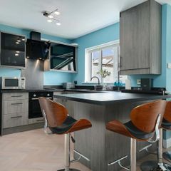 Modern Grey Kitchen Cabinets, Large Island Counter, 4 Bar Stools