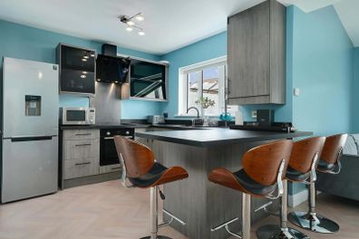 Modern Grey Kitchen Cabinets, Large Island Counter, 4 Bar Stools