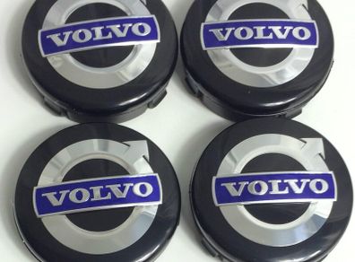 4 x Volvo alloy wheels, centre hub caps, 64 mm, black / blue, C70, S60, V60, V70, S80, XC90