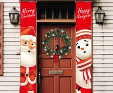 Happy Christmas Porch Sign with Santa Claua and Snowman Hanging Banners Couplet for Holiday Home Wall Front Door Garden Yard Indoor Outdoor Party Xmas Decoration (FREE POSTAGE)
