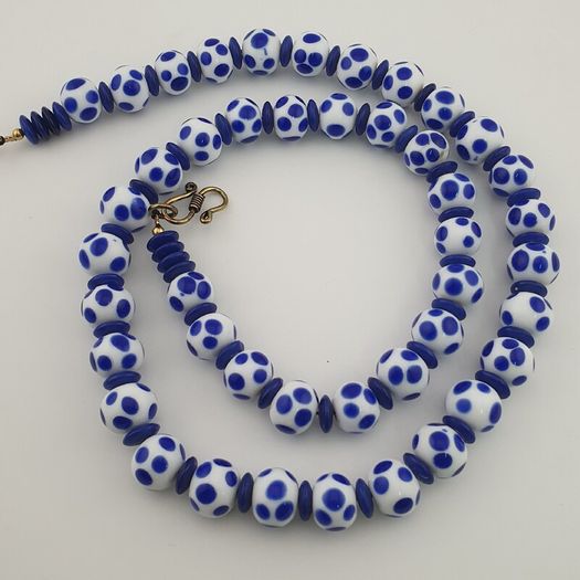 Antique Venetian Style White Blue Dotted Glass Beads Necklace