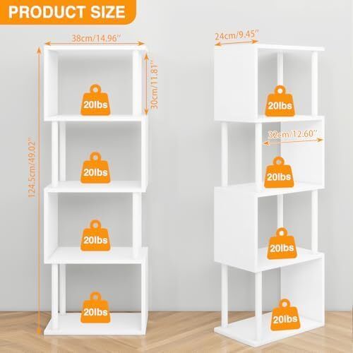 5/6-Tier Tall Bookshelf,S-Shaped Geometric Bookcase, Wood Display Shelves With Storage,Modern Bookshelf for Living Room Bedroom, Home Office, White