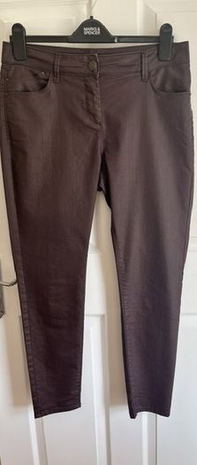 Marks & Spencer Ladies Faux Leather Brown Slender Ankle Grazer Trousers, Jeans. Size 14 Medium. Slight Stretch. In Excellent Condition