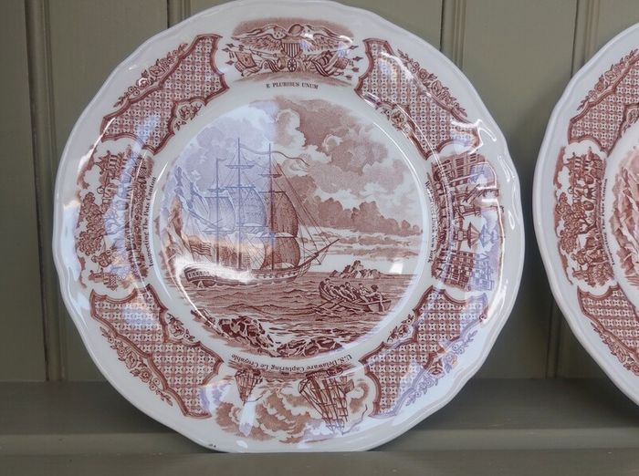 Vintage Set of Six Brown and White Fair Winds, Historical Scenes of Chinese Export to America - "The George Washington at Anchor" Salad Plates by Alfred Meakin
