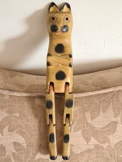 Fabulous Vintage Wooden Cat With Hinged Legs  37cm Heigh.