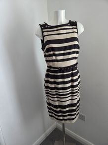 Never Worn. Size 12 Linen mix black and cream belted, striped dress from South.