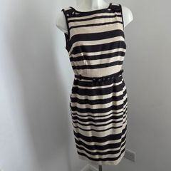Never Worn. Size 12 Linen mix black and cream belted, striped dress from South.