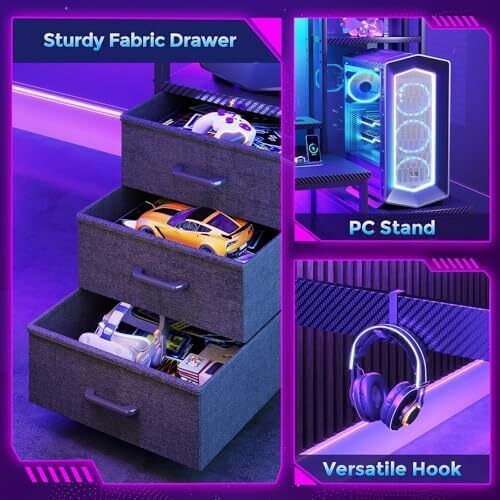 Gaming Desk with Drawers & Display Shelves, 120x48 cm Computer Desk with LED Lights & Sockets, Reversible PC Gaming Table with Monitor Stand, Carbon Fiber Black