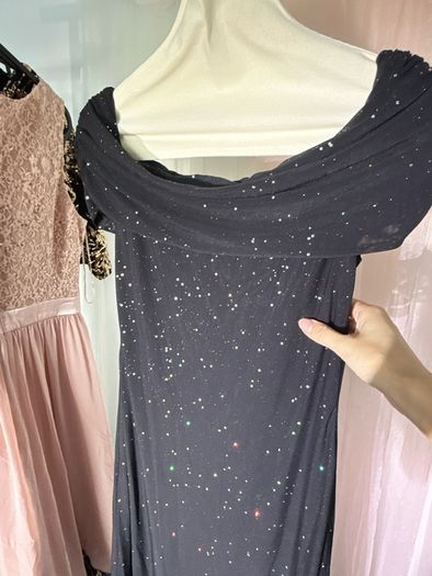 Off-Shoulder Crystal-Embellished Starry Mesh Long Evening Gown