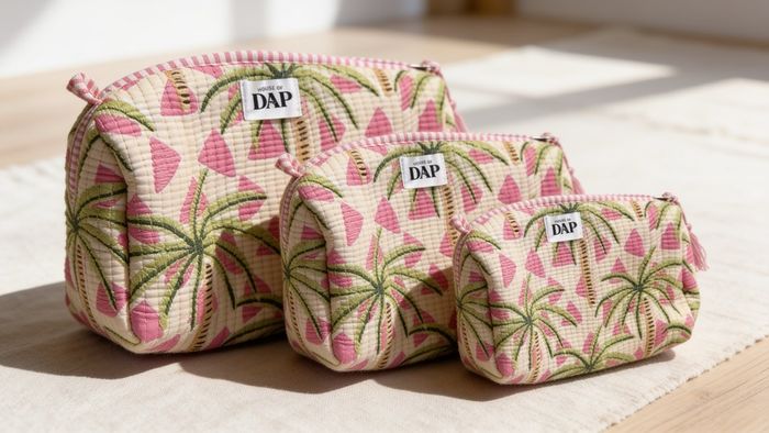 Brand New 3-Piece Hand-Block Print Quilted Cosmetic Bag Set, Nesting Travel Pouches, Cotton Toiletry Organiser