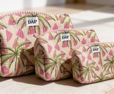 Brand New 3-Piece Hand-Block Print Quilted Cosmetic Bag Set, Nesting Travel Pouches, Cotton Toiletry Organiser