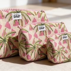 Brand New 3-Piece Hand-Block Print Quilted Cosmetic Bag Set, Nesting Travel Pouches, Cotton Toiletry Organiser