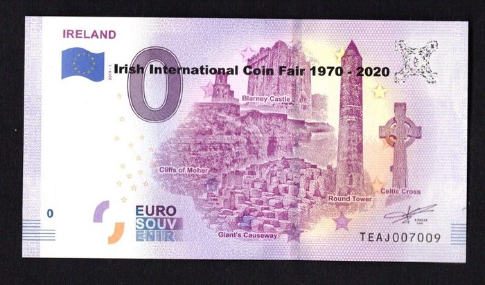 2020 Ireland 0 Euro Banknote For Irelands Most Beloved Sites (Cliffs of Mother, Blarney Castle, Giant's Causeway, Round Tower and Celtic Cross) Overprinted for Irish International Coin Fair 1970 2020