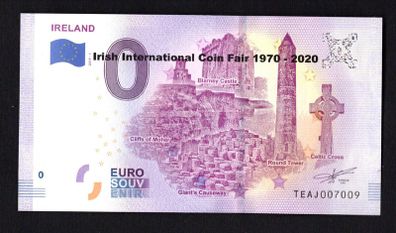 2020 Ireland 0 Euro Banknote For Irelands Most Beloved Sites (Cliffs of Mother, Blarney Castle, Giant's Causeway, Round Tower and Celtic Cross) Overprinted for Irish International Coin Fair 1970 2020