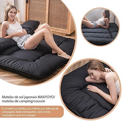 Japanese Floor Futon Mattress, Thicken Tatami Sleeping Pad Foldable Roll Up Dormitory Mat Pad Floor Lounger Pillow Bed (Double,Black)